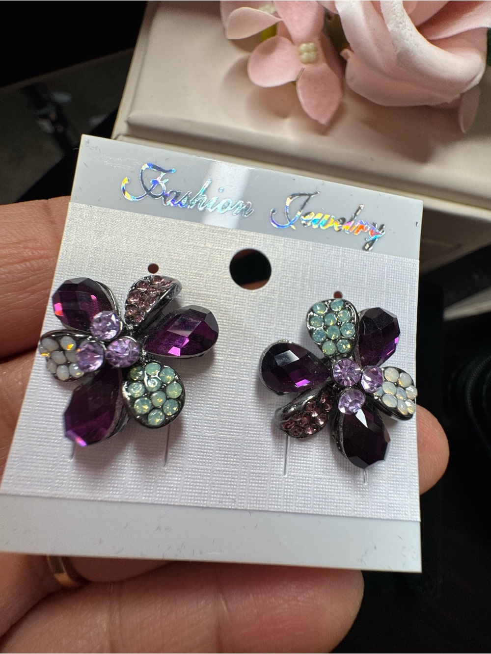 Fashion Jewelry Purple and Light Green Floral Crystal Stud Earrings
